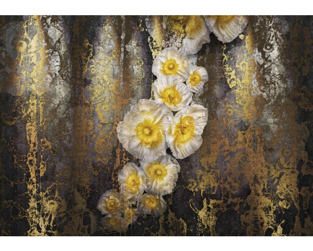 Diese Fototapete mit goldenen Mohnblumen verleiht einem Raum mit einem abstrakten Blumendesign Luxus und Eleganz.