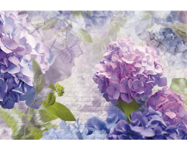Hortensien-Otaksa-Blüten, subtil und kunstvoll in diese abstrakte Fototapete integriert.