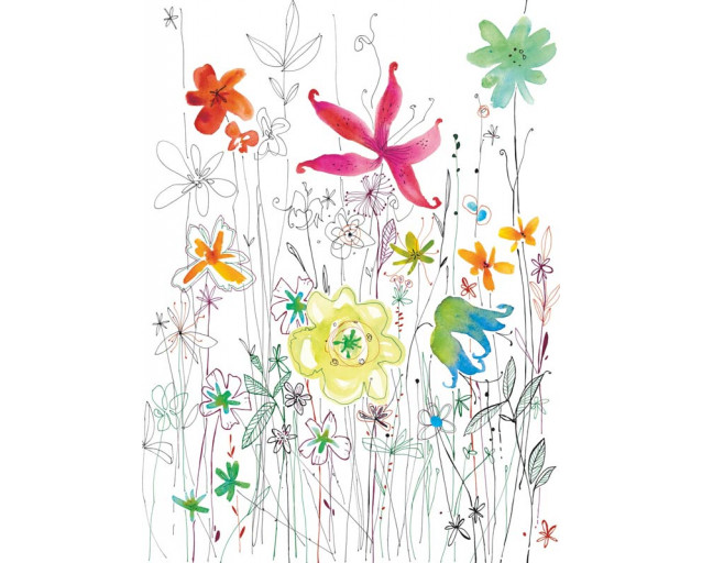 Fototapete mit einem farbenfrohen Kunstwerk mit Blumen, bringt Lebendigkeit und Kreativität in jeden Raum.