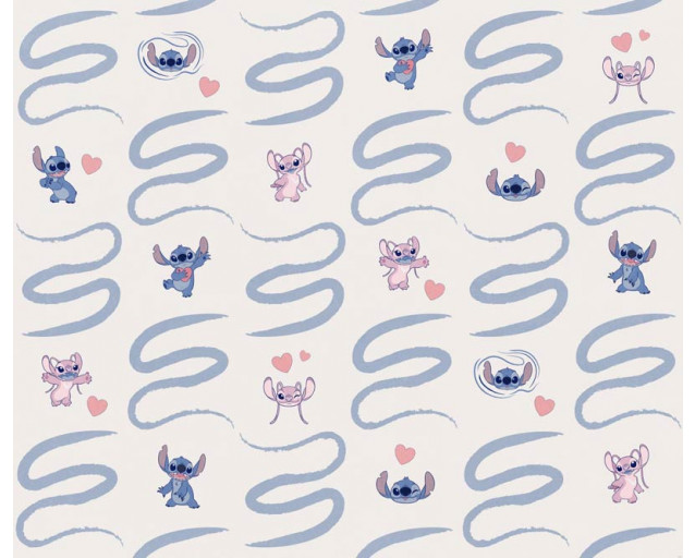 Fotobehang Stitch en Angel spelend op een zachte achtergrond vol liefdevolle details.