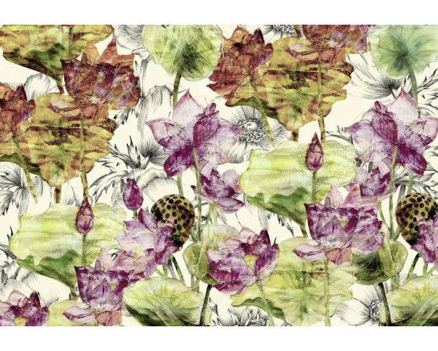 Lotusblume Fototapete mit zarten Blumen in einem künstlerischen und abstrakten Design, ideal für beruhigende Räume.