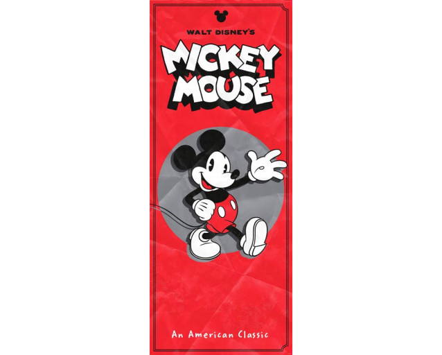 Fototapete Mickey Mouse im Retro-Stil mit klassischen amerikanischen Elementen wie Sternen und Streifen in einer Vintage-Farbpalette.