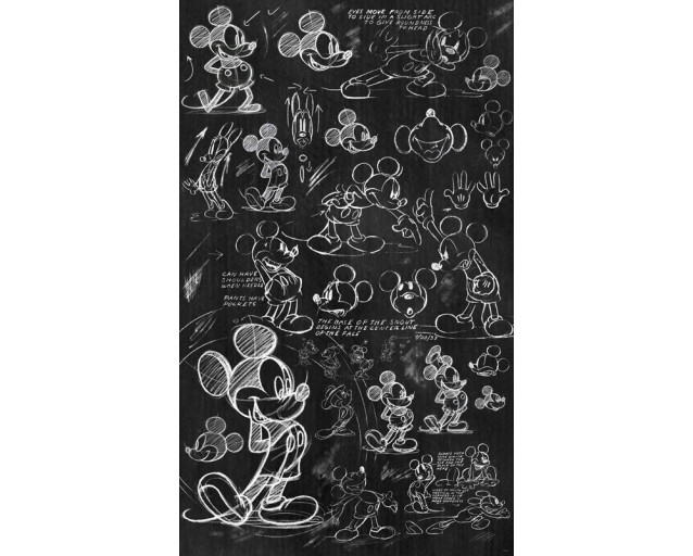 Mickey Mouse Chalkboard Fototapete zeigt eine schwarz-weiße Kreidezeichnung von Mickey Mouse, mit verspielten und kreativen Details.