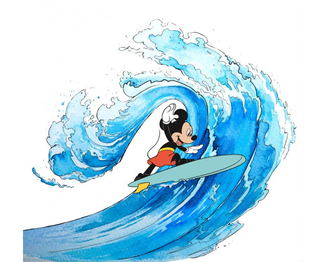Mickey Mouse Surfing Fototapete mit Mickey Mouse, der auf einer riesigen Welle surft, umgeben von Sonne, Meer und Spaß.