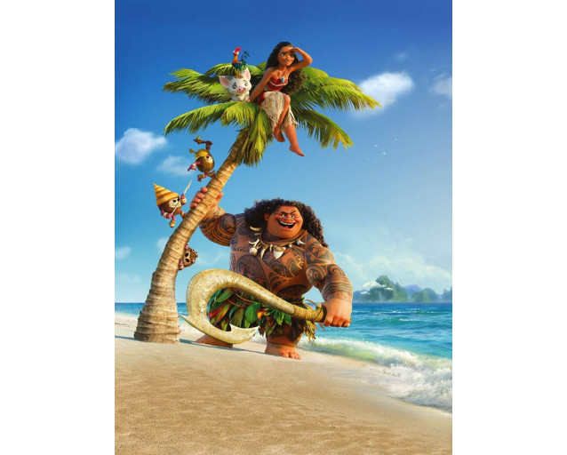 Moana und Maui aus Disneys Vaiana auf einer abenteuerlichen Reise über den Ozean, mit Vaiana auf einem Kanu und Maui mit seinem magischen Haken.