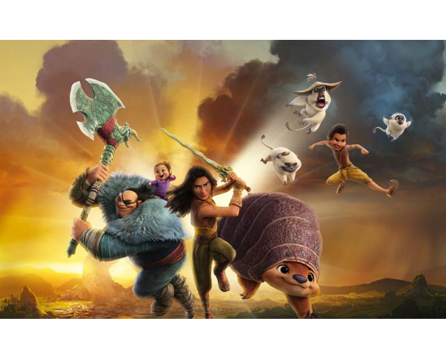 Raya Mission Fototapete zeigt Raya in einer actiongeladenen Szene aus Raya und der letzte Drache, mit einem mystischen Dschungel im Hintergrund.