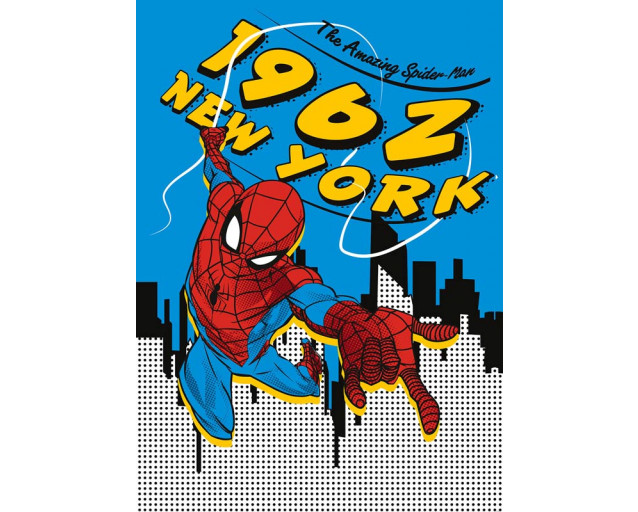 Spiderman Fototapete aus dem Jahr 1962, New Yorker Kulisse im Retro-Marvel-Stil.