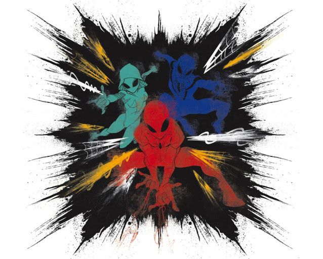 Spiderman Farbexplosion Fototapete mit Grafiken und leuchtenden Farben.