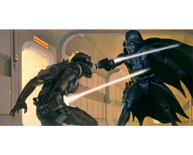 Star Wars Vader vs Luke Fototapete, eine epische Kampfszene aus der ursprünglichen Trilogie.