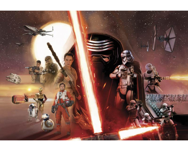 Fototapete der Helden aus Star Wars Episode VII in einer Collage, für einen kühlen Raum konzipiert.