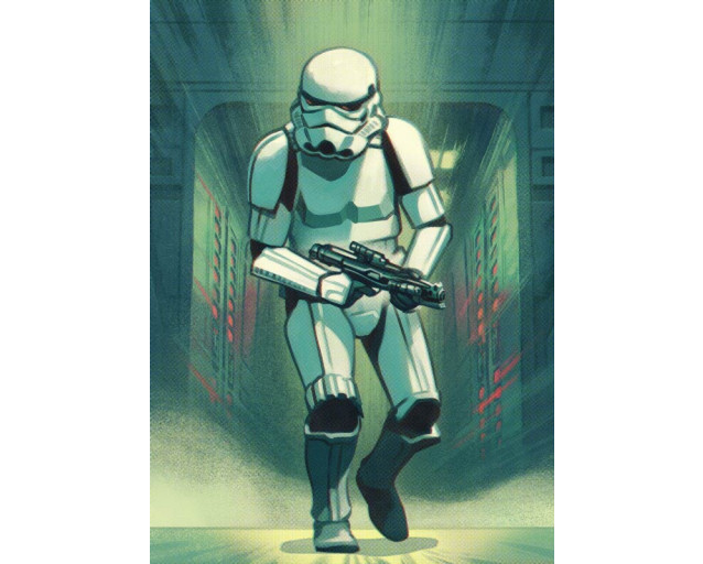 Fototapete eines Stormtrooper-Drucks, mit der kultigen Soldatenmaske aus der Star Wars-Saga, detailliert und realistisch abgebildet.