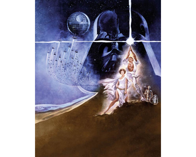 Klassisches Star Wars-Poster mit ikonischen Szenen und Figuren wie Luke Skywalker, Prinzessin Leia und Darth Vader.