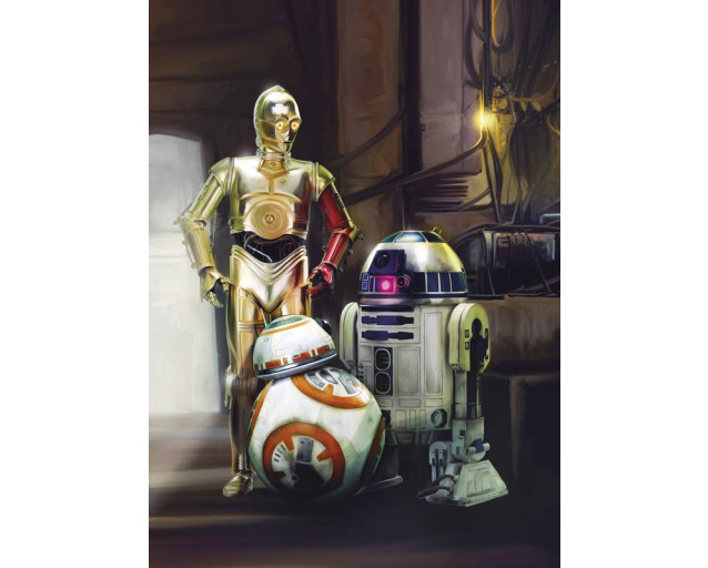 Fototapete mit den drei kultigen Droiden aus Star Wars: R2-D2, C-3PO und BB-8.