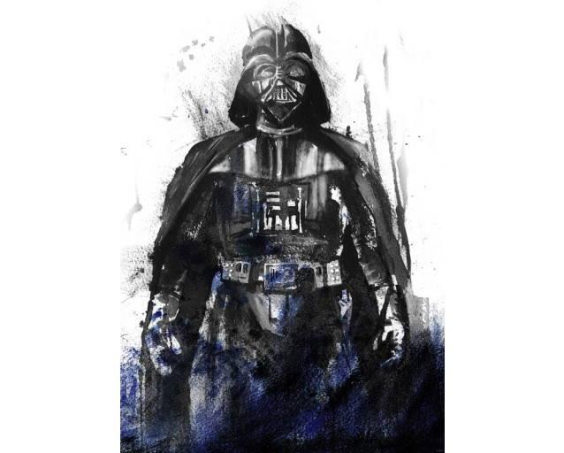 Aquarell-Porträt von Darth Vader, abstrakt gemalt mit dunklen und blauen Tönen, wobei der ikonische Helm im Mittelpunkt steht.