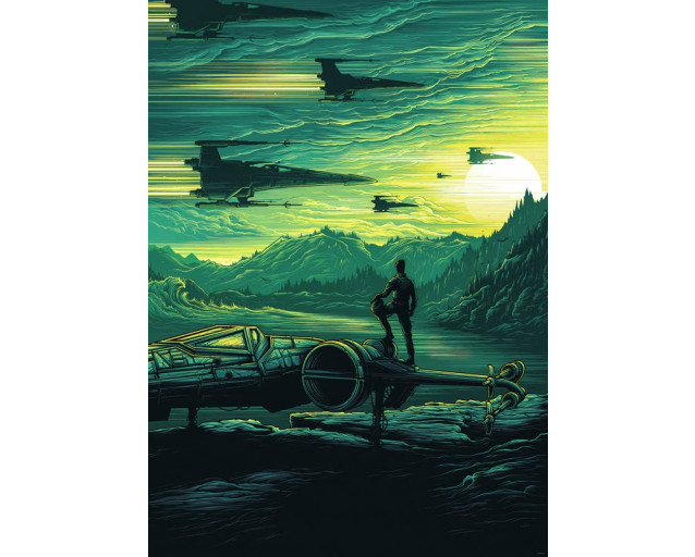 X-Wing Assault Takodana Fototapete zeigt einen Luftangriff auf Takodana, mit X-Wing Kämpfen und Explosionen am Himmel.