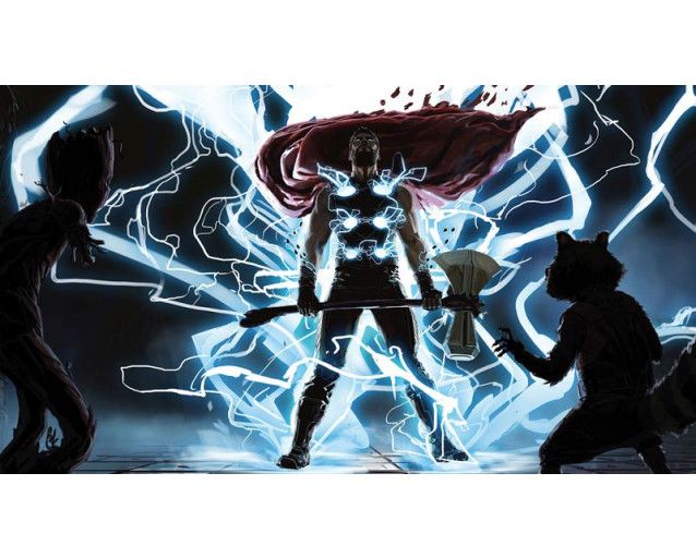 Fototapete Thor Gott des Donners mit Groot und Rocket Raccoon von Marvel.