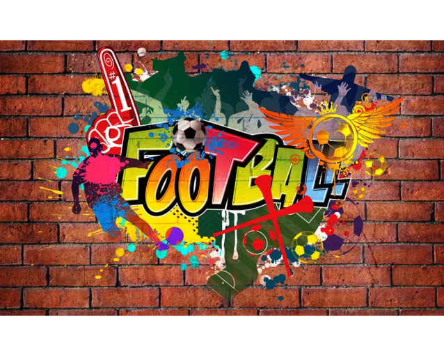 Street Art mit Fußballspielern im Graffiti-Stil, energiegeladene Kompositionen auf einem Hintergrund aus urbanen Elementen.