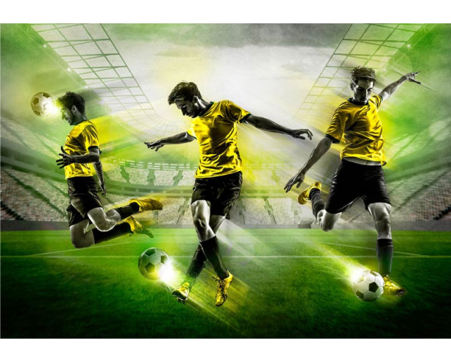 Fußballer in Aktion, die Tricks auf dem Spielfeld vorführen, umgeben von Stadionlichtern und einer Menschenmenge.