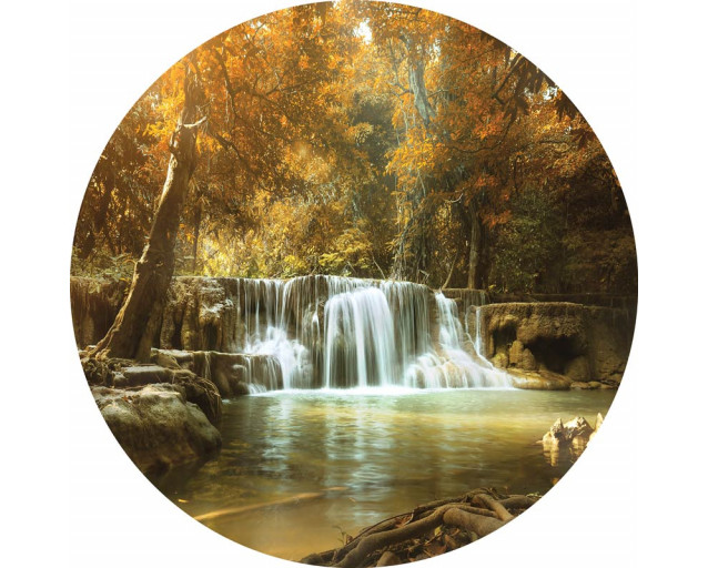 Wasserfall in einem Herbstwald, mit fallenden Blättern und bunten Bäumen auf einem Wandkreis.