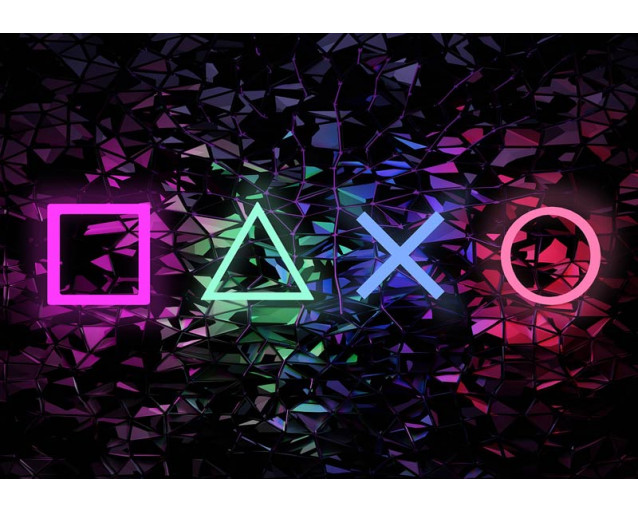 Neon-Symbole und PlayStation-Spielfiguren in einer auffälligen Neon-Farbpalette, ideal für ein Spielzimmer.