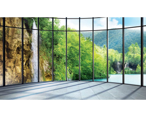Fototapete einer Fensteransicht eines Wasserfalls, mit einem natürlichen und beruhigenden Design.