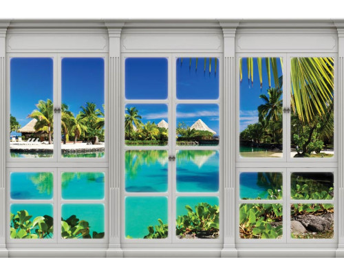 Blick auf Hawaii durch ein Fenster mit 3D-Perspektive auf Fototapete.