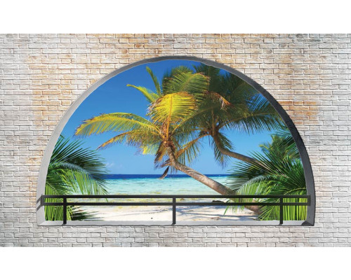 3D-Fototapete mit Blick auf einen tropischen Strand mit Palmen und einer Steinmauer, ideal für eine stimmungsvolle Wanddekoration.