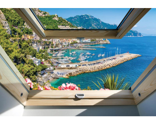 3D-Fototapete mit Meer- und Bergblick durch ein Oberlicht.