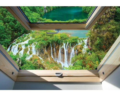 3D-Fototapete mit Blick auf einen beeindruckenden Wasserfall, der durch den Wald fließt.