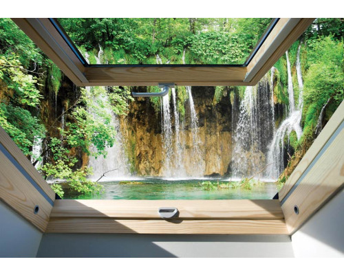 3D-Fototapete mit Blick auf große Wasserfälle, Wasser fließt nach unten.