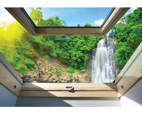 3D-Fototapete mit Blick auf einen Wasserfall in einem Dschungel, umgeben von tropischen Pflanzen.