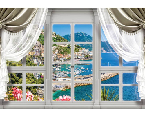 Fototapete einer Stadt mit Blick auf das Meer und die Berge durch ein Fenster in 3D-Perspektive.