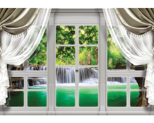 3D-Fototapete eines Wasserfalls, der durch ein Fenster zu sehen ist, mit 3D-Effekten.