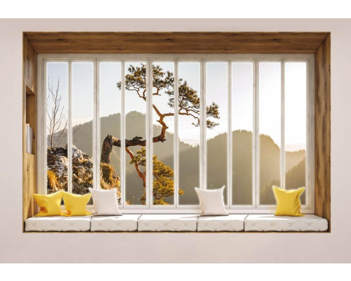 Fototapete, die einen Blick durch ein Fenster auf eine Berglandschaft in 3D-Perspektive zeigt.