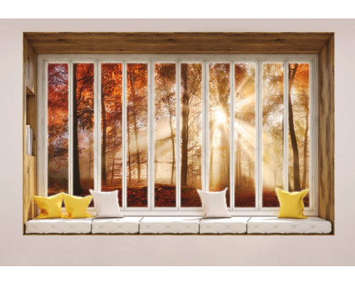 3D-Perspektive Fototapete mit Blick durch ein Fenster auf eine Waldlandschaft.