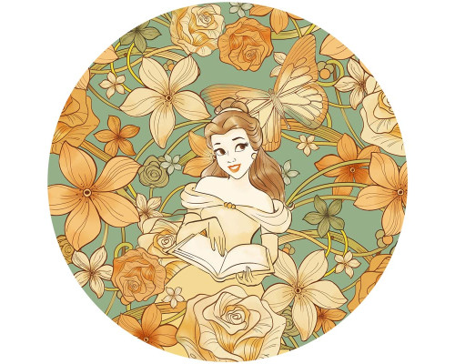 Tapetenkreis von Belle aus Die Schöne und das Biest in einer herbstlichen Umgebung, umgeben von orangen Blättern und sanften Farben.