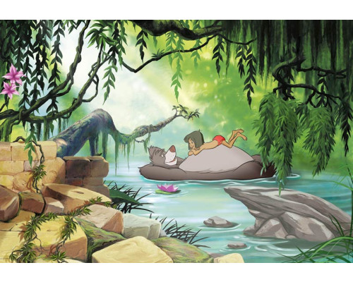 Fototapete von Balu, der in einem Fluss aus dem Dschungelbuch schwimmt, perfekt für ein verspieltes Kinderzimmer.