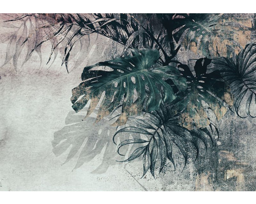 Fotobehang met 3D Monstera palm bladeren op betonachtergrond in groene tinten