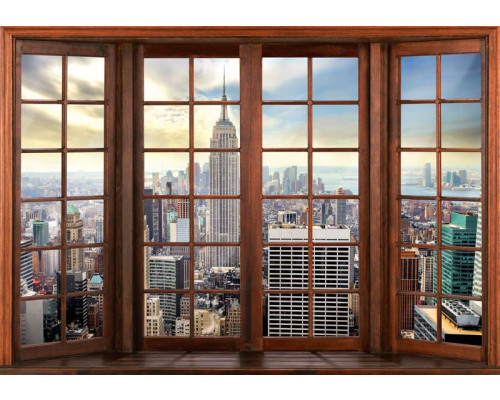 Fototapete mit einer 3D-Fensteransicht der New Yorker Skyline, mit Wolkenkratzern und der Stadt.