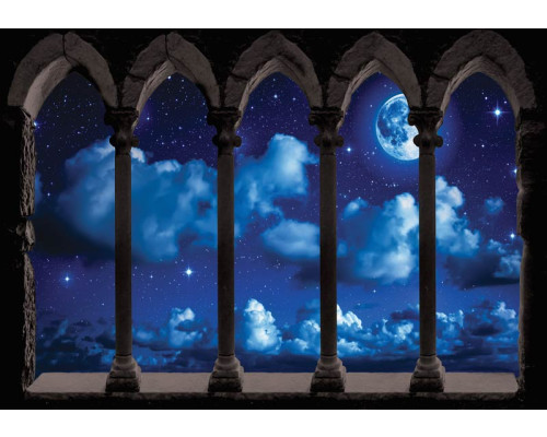 Fototapete mit einer 3D-Ansicht des Mondes und der Sterne, mit Säulen und Pfeilern.