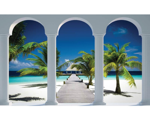 Fototapete mit einer 3D-Ansicht von Hawaii mit Säulen, Palmen und Strand.