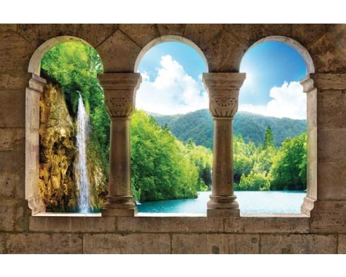 Fototapete einer 3D-Ansicht eines Wasserfalls, mit einer ruhigen Landschaftsansicht.