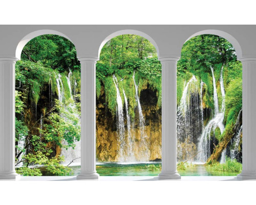 Fototapete einer 3D-Ansicht von Wasserfällen mit Säulen, in einer dramatischen Landschaft.