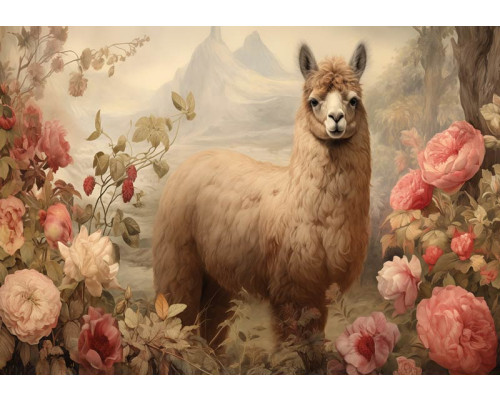Fototapete eines niedlichen Alpakas zwischen bunten Blumen, mit einem natürlichen und fröhlichen Look.