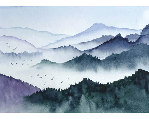 Aquarelltapete Berge im Nebel
