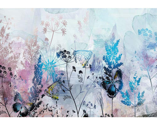 Fotobehang met bladeren, bloemen en vlinders in blauw en roze