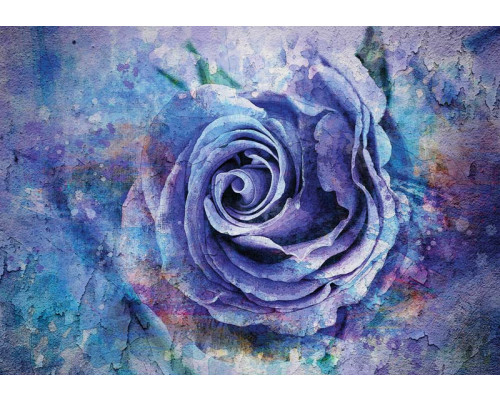 Blaue Rose im Malstil auf Fototapete, geheimnisvoll und bezaubernd.