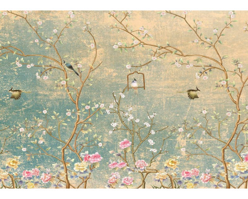 Fototapete Blumen und Vögel auf Grunge-Wand