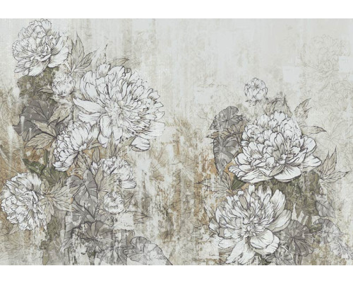 Fototapete mit einer künstlerischen Blumenmalerei vor einem konkreten Hintergrund, kombiniert mit künstlerischen Details.