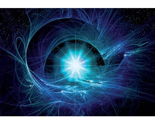 Blaue Supernova mit Sternen und Planeten im Universum, eingefangen auf dieser Fototapete mit einem tiefblauen Kosmos.